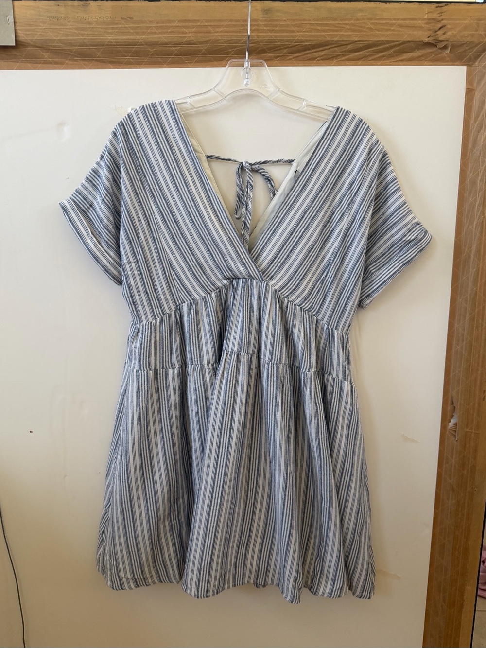 Mustard Seed Blue & White Striped V-Neck Tiered Mini Dress